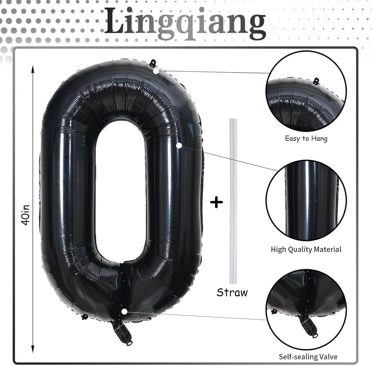 Black Number 0 Balloon for Girls Boys, 40 Inch Large Number 0-9 Foil Mylar Helium Digital Balloons
