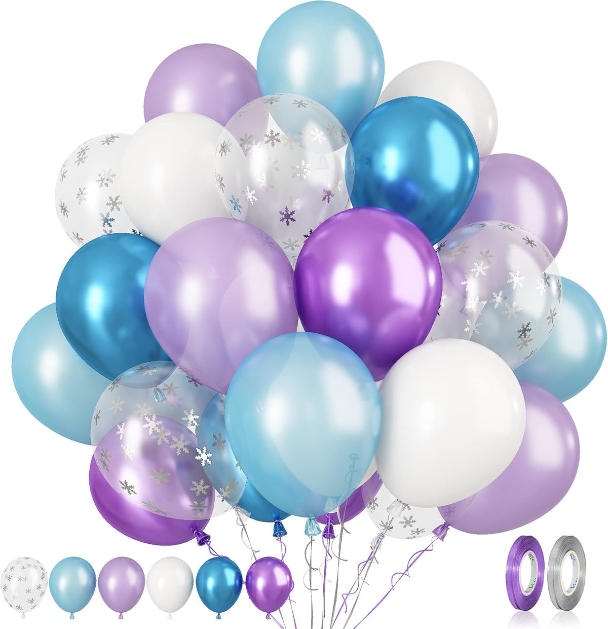 Paready Frozen Balloons, 60 Pcs 12 Inch Purple Blue Balloons White and Snow Confetti Latex Balloons