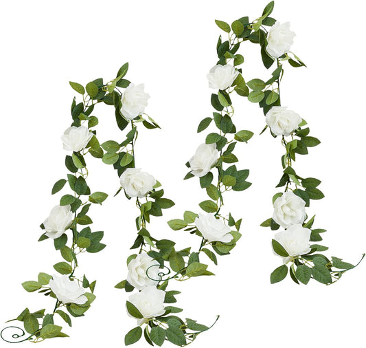 White Artificial Rose Garlands Rose Vines Leaves Banners Hanging Floral Garland Fake Rose Flower