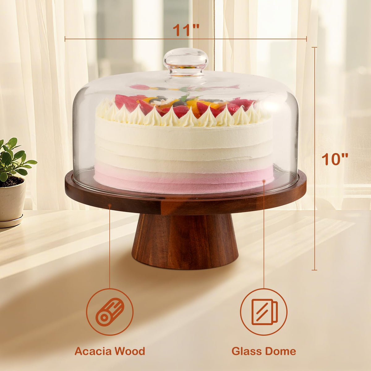 Acacia Wood Cake Stand with Glass Lid–12" Magnetic Base for Parties&Kitchen