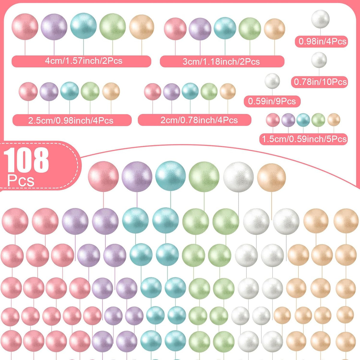 108 Pcs Balls Cake Topper DIY Cupcake Insert Foam Balloons for Cake Baking Wedding Anniversary