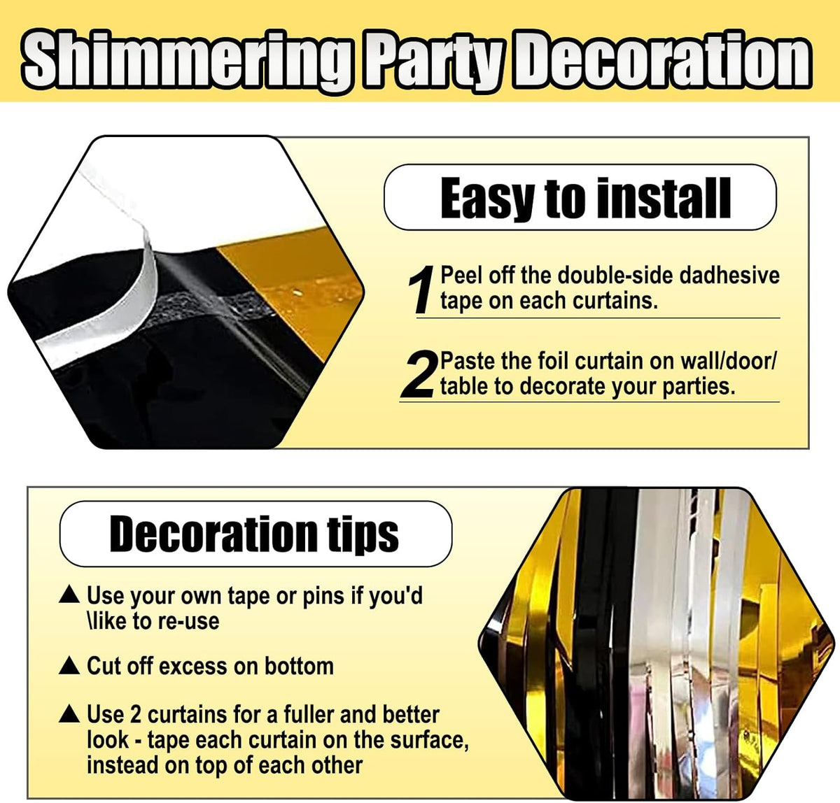 3 Pack Black Gold Silver Foil Fringe Curtain Backdrop, 3.28Ft x 8.2Ft Metallic Tinsel Foil Fringe