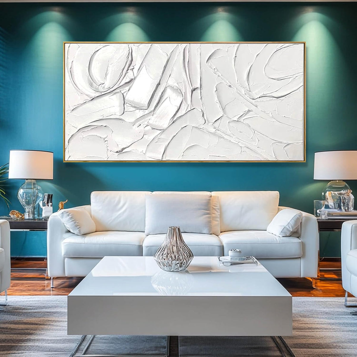 XIANSHOU White Artwork for Walls Contemporary Abstract Art Hand Painted 29"x58" Line Art Wall Decor