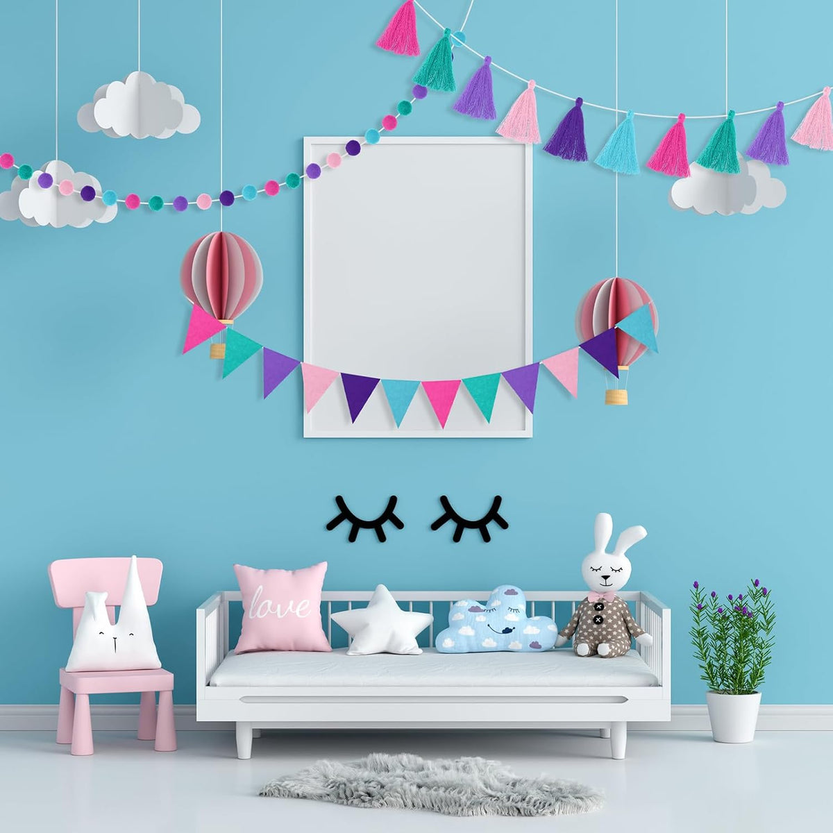 Irenare 9.8 ft Pom Pom Garland Felt Colorful Tassel Banner Christmas Party Pompoms Garland