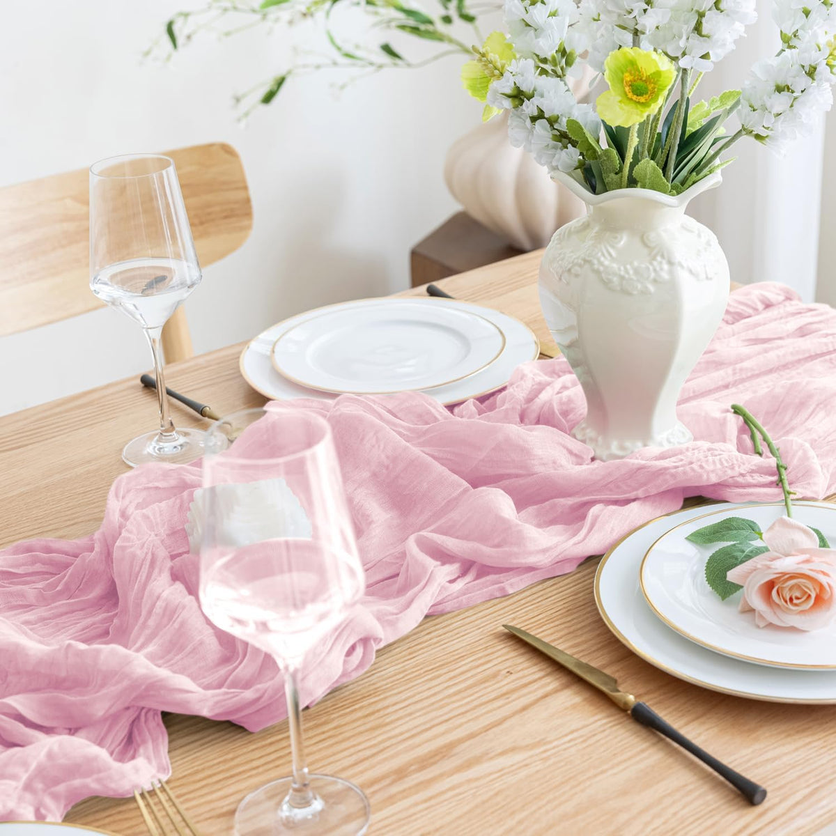 Asee'm 4pcs Cheesecloth Table Runner 120 Inches Blushing Pink Boho Gauze Cheese Cloth Runner 10FT