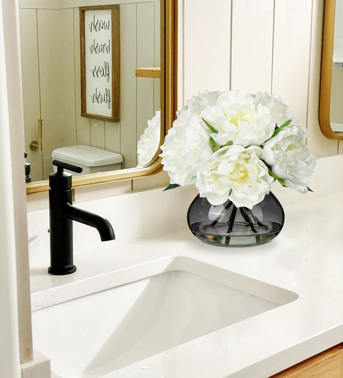Hollyone Peonies Artificial Flowers with Vase White Peony Fake Flowers Faux Silk Flower
