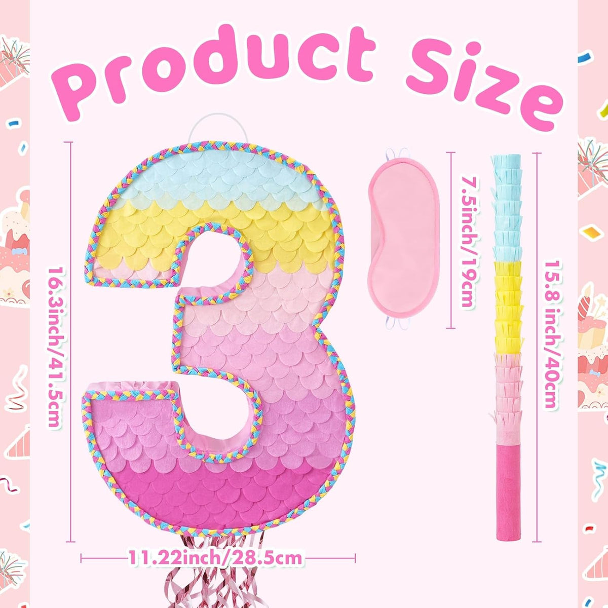 WERNNSAI Pink Sweet Three Pinata - Number 3 Pinata Happy Birthday Decoration Pink Rainbow Design