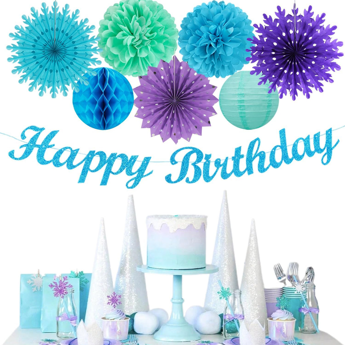 Winter-Wonderland Christmas-Snowflake Frozen Birthday Party-Decorations - 21pcs Happy Banner,Blue