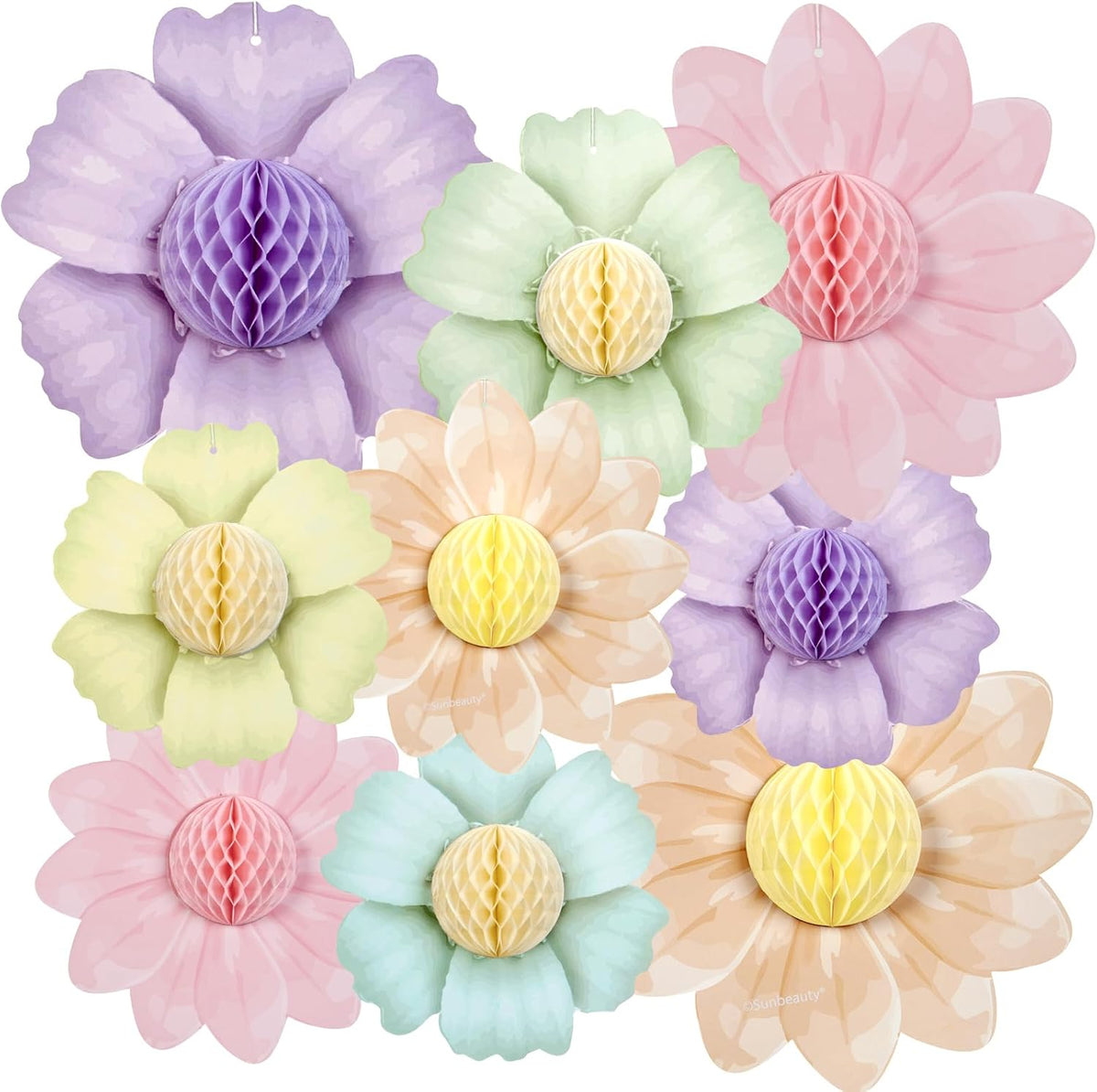 SUNBEAUTY 9 PCS Pastel Rainbow Party Decorations 10 Inch Giant Paper Flowers 3D Honeycomb for Party