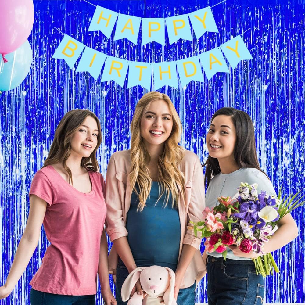 3 Pcs Blue Tinsel Foil Fringe Curtains,3.28ft x 6.56ft Gold Photo Booth Backdrop Streamer
