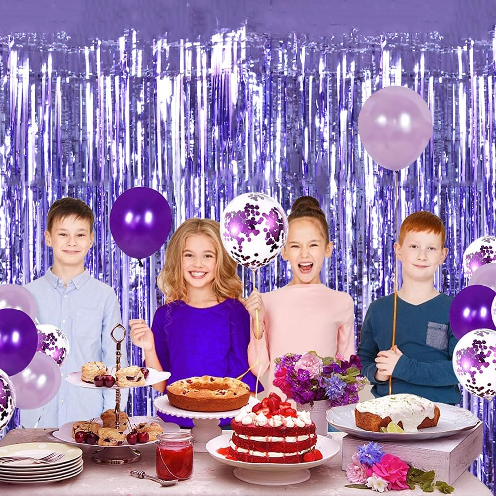 TONIFUL 3Pcs Light Purple Door Streamers Purple Photo Booth Backdrop Metallic Streamers Foil Fringe