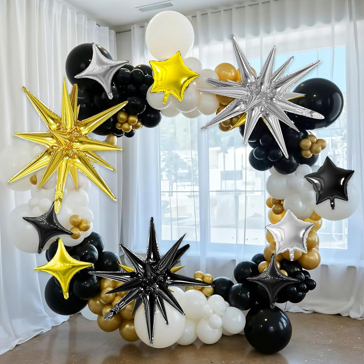 Black Gold Silver Star Balloon,16Pcs Star Foil Balloons Set with 22Inch Explosion Spike Cone