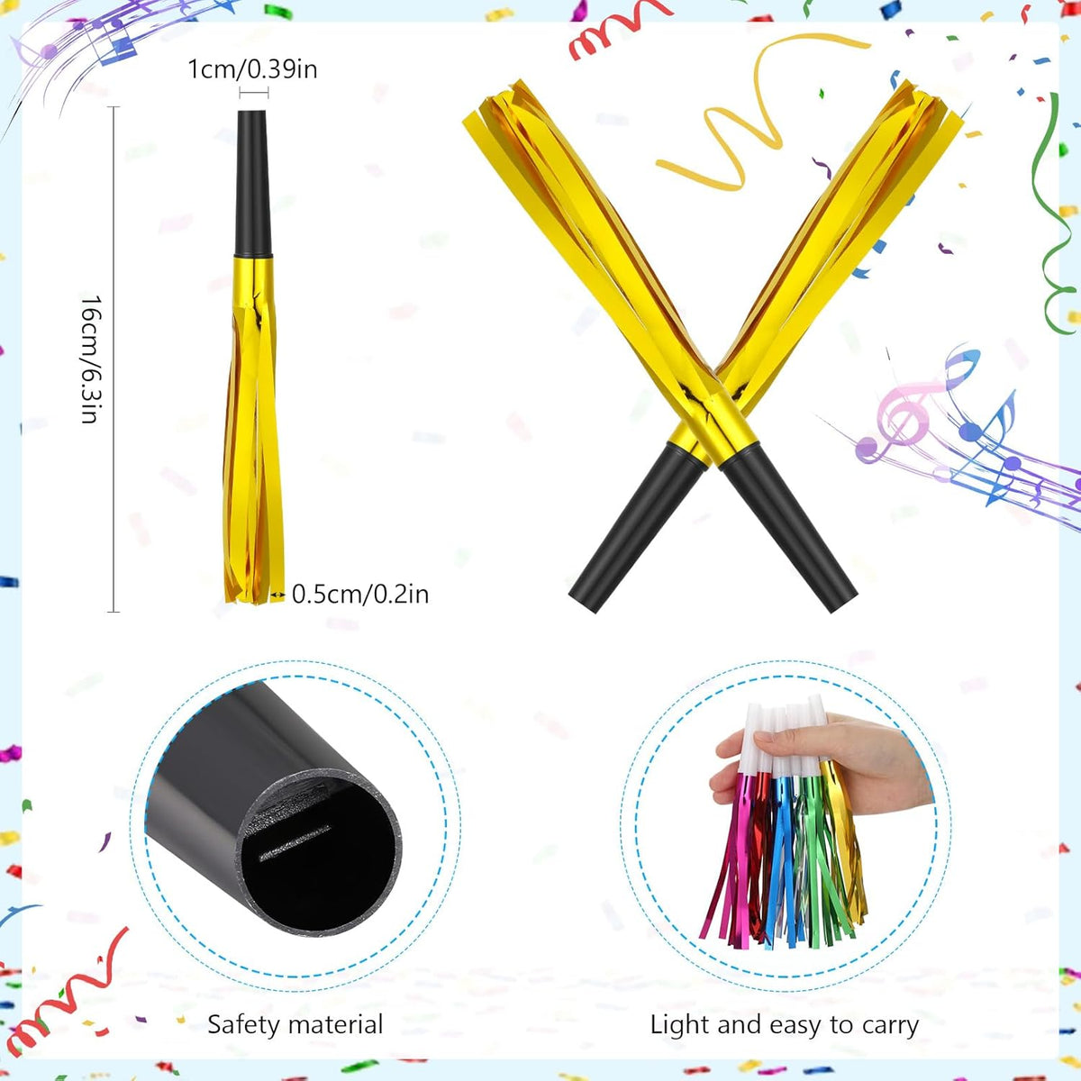 Metallic Fringed Noise Makers, 24 Pcs, Gold, Silver, for Noise Makers Party Favors, Baby Shower