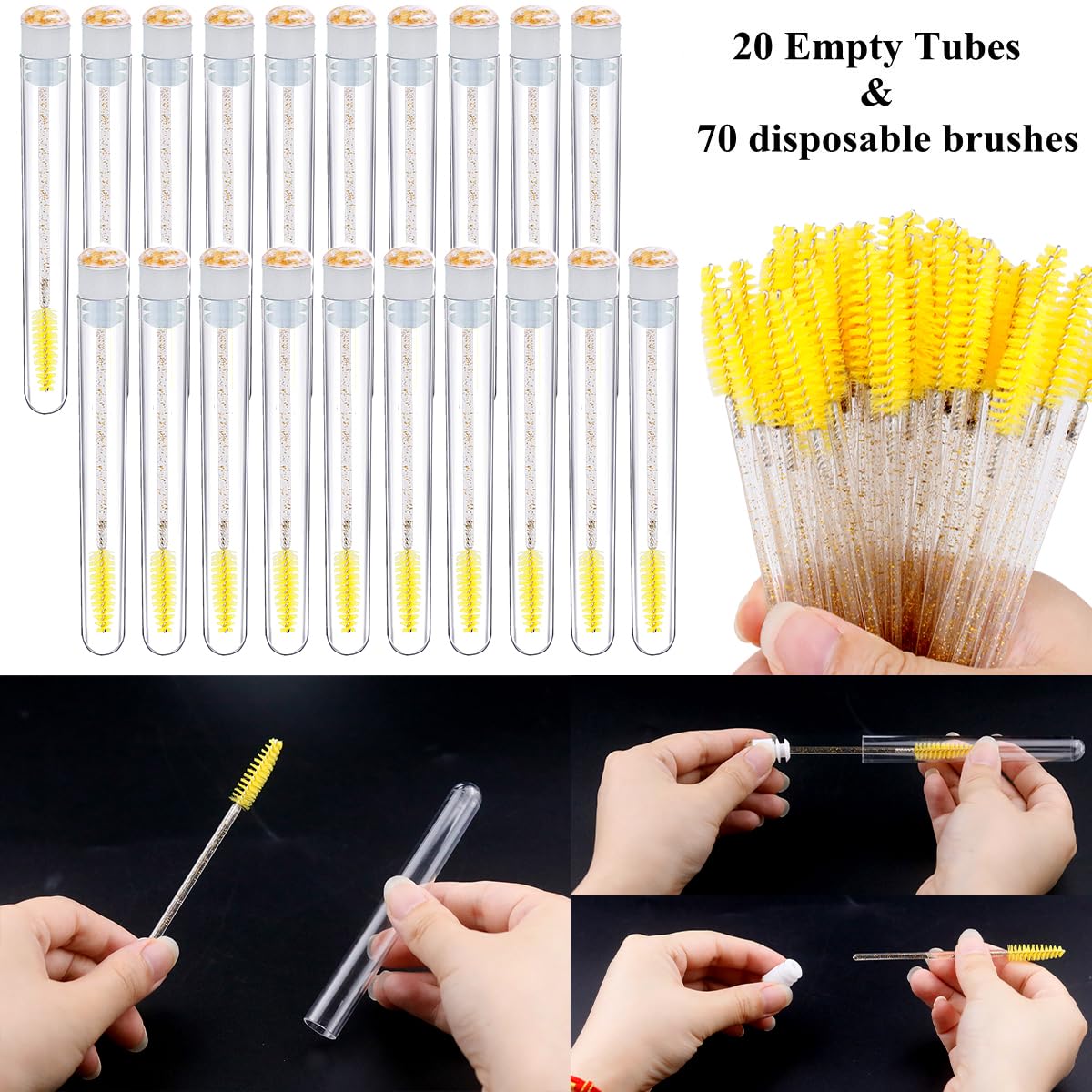 Mascara Brushes Tubes Set 70 Pieces Disposable Eyelash Brushes Replacement with 20 Pieces Empty