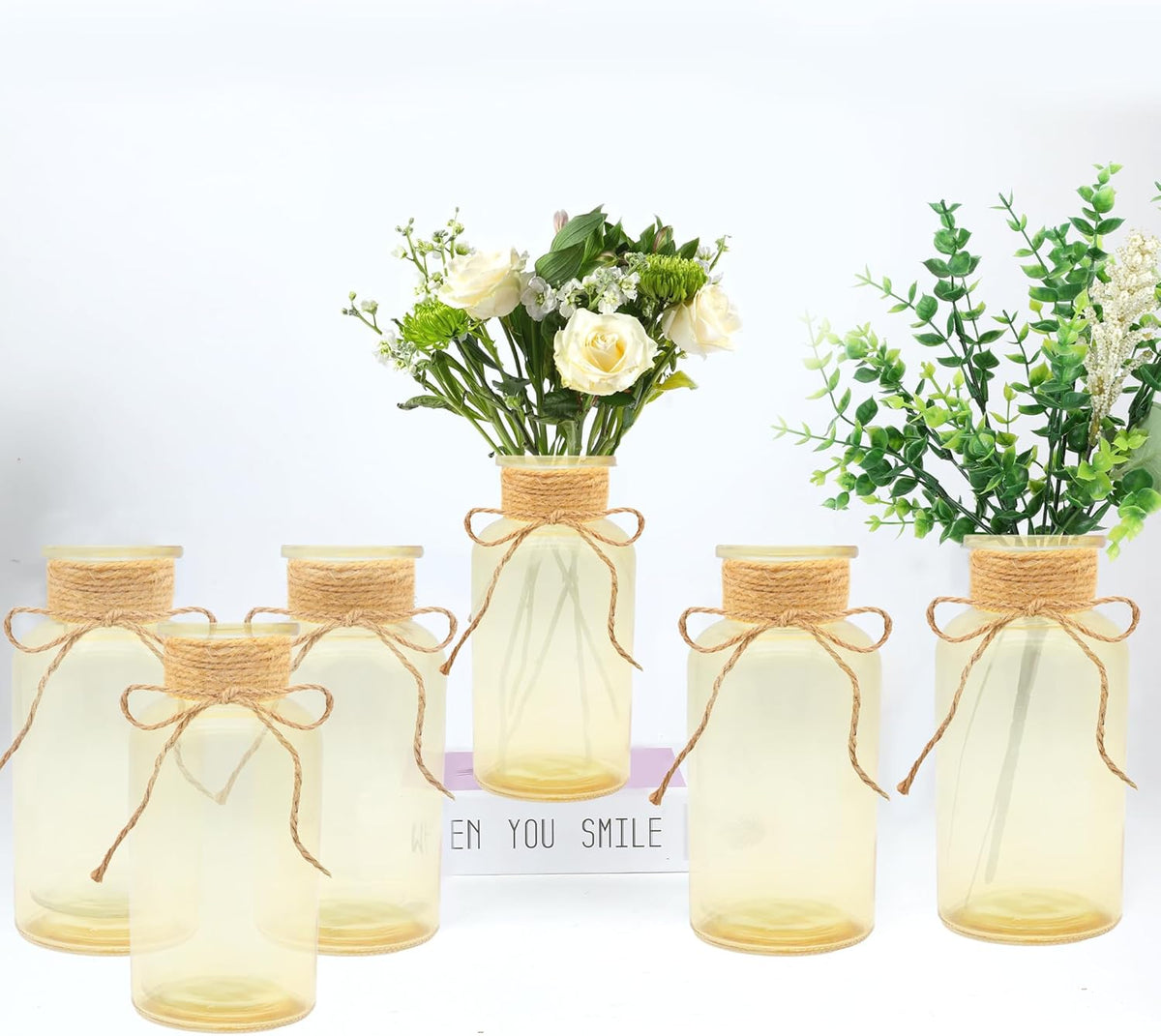 Vintage Glass Flower Vase，6 Pack Gold Amber Farmhouse Glass Centerpiece Vases Mason Jars for