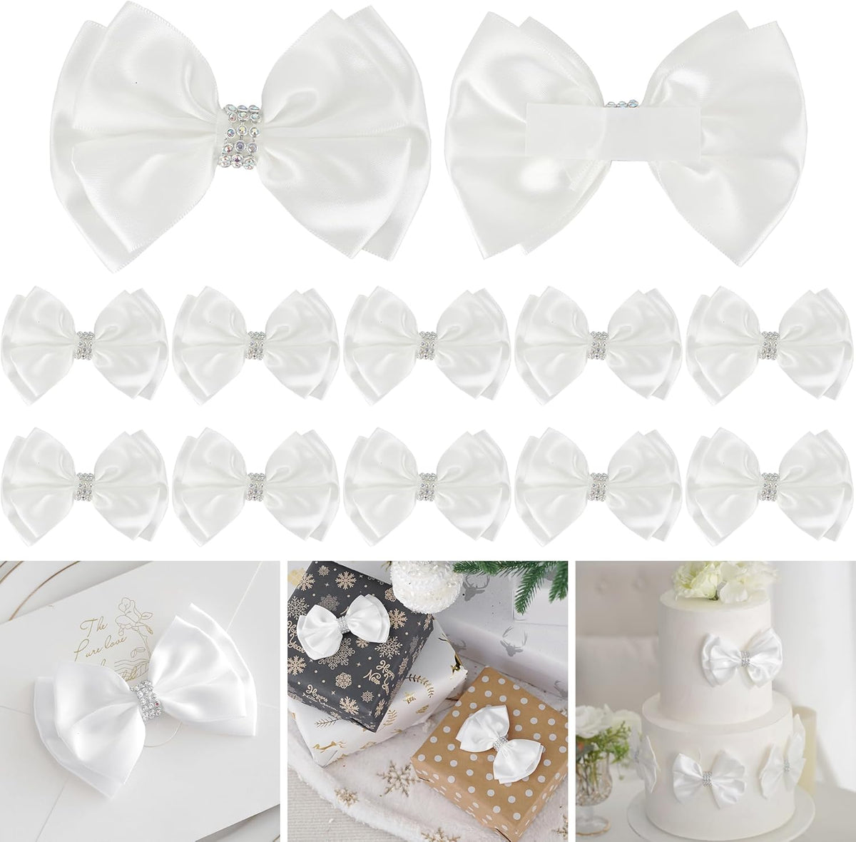 White Satin Bows 4'' Premade White Ribbon Bows, Gift Bows with Rhinestone, Wrapping Bows for