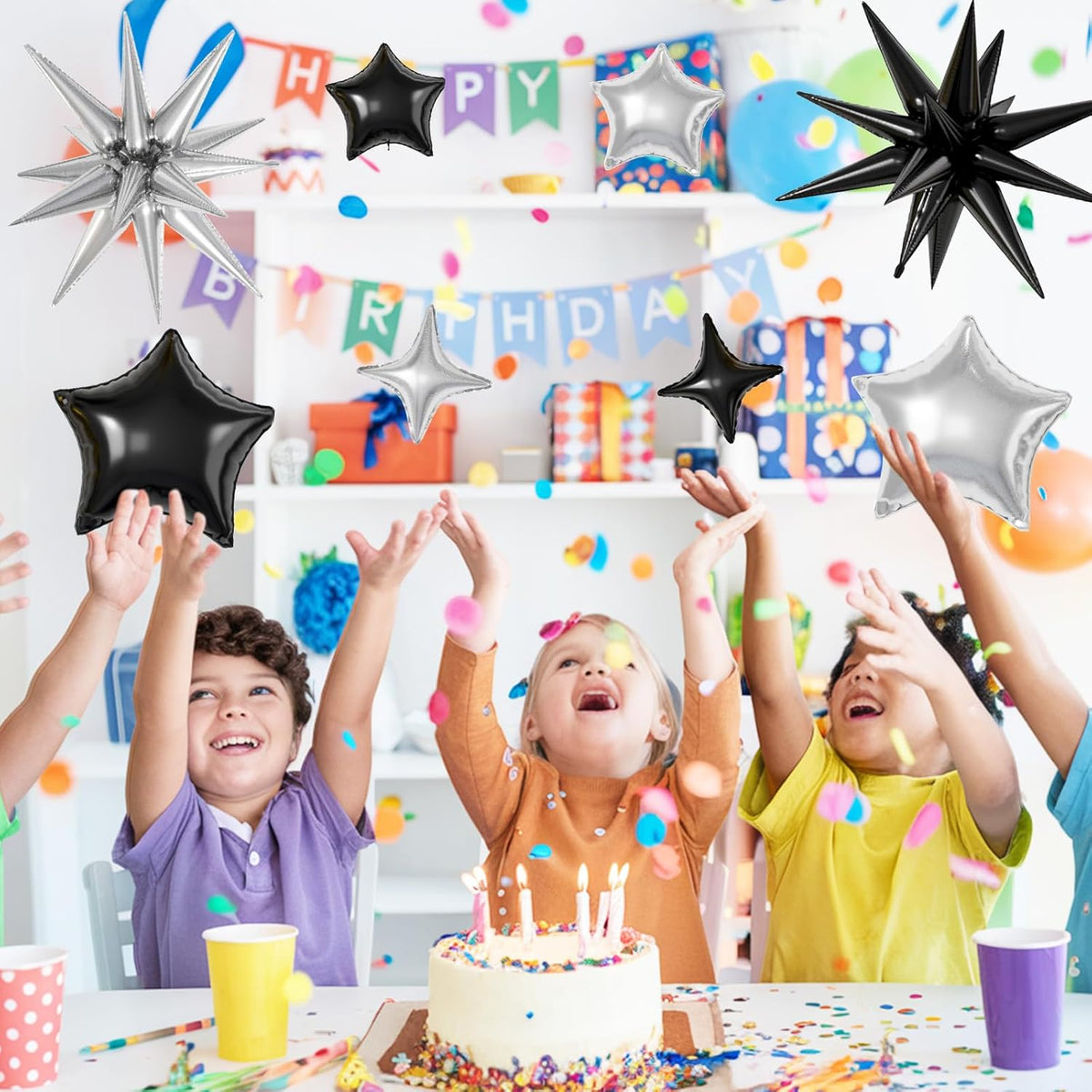 16 Pcs Black Silver Star Balloons,22/18/10 Inch Foil Balloons, Four-Pointed Balloon for Birthday