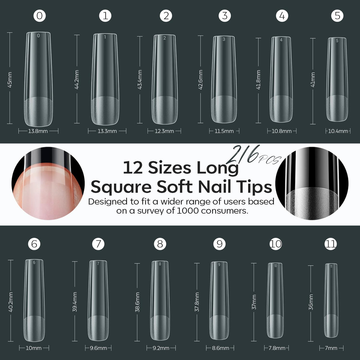modelones XXL Long Square Nail Tips, Pre-shaped Soft Gel Tips Fake Nails False Acrylic Clear Full
