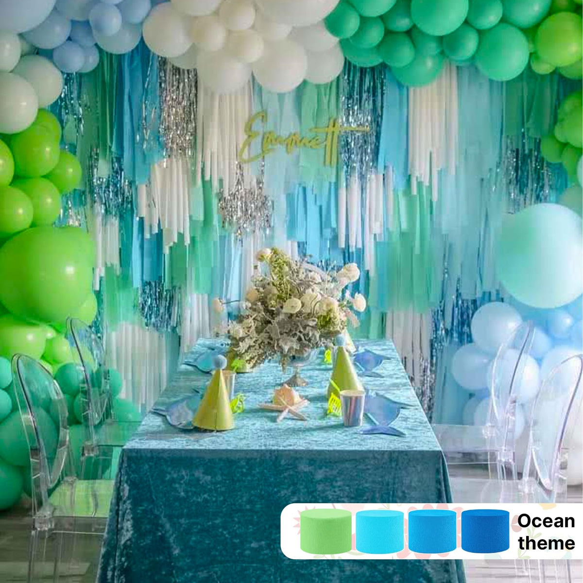 PartyWoo Blue Pastel Green Lime Crepe Paper Streamers 6 Rolls 492 FT