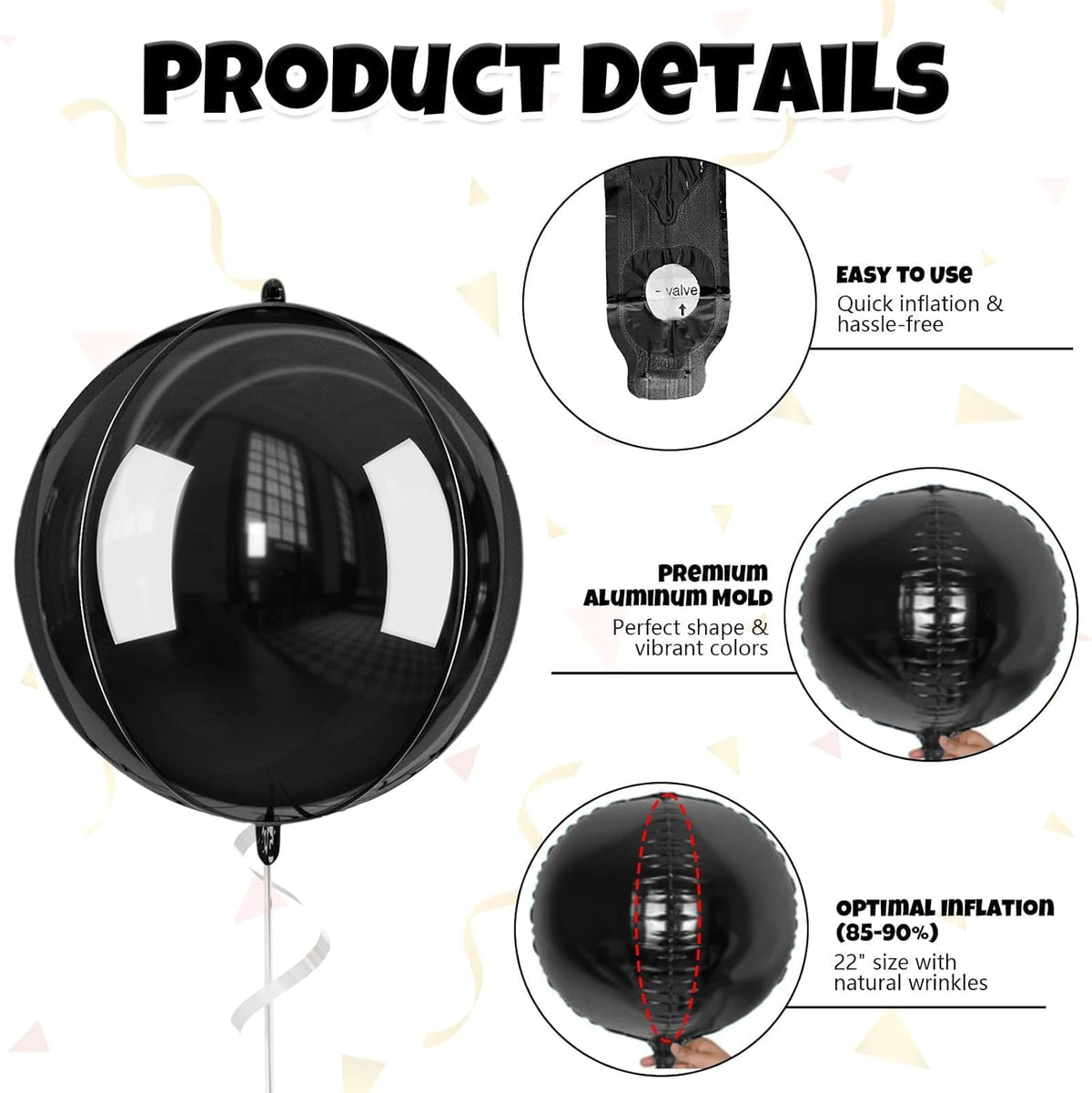 Giant 4D Foil Balloons, 6Pcs Large Metallic Black Round Balloons, 22 Inch Big Round Foil Balloon