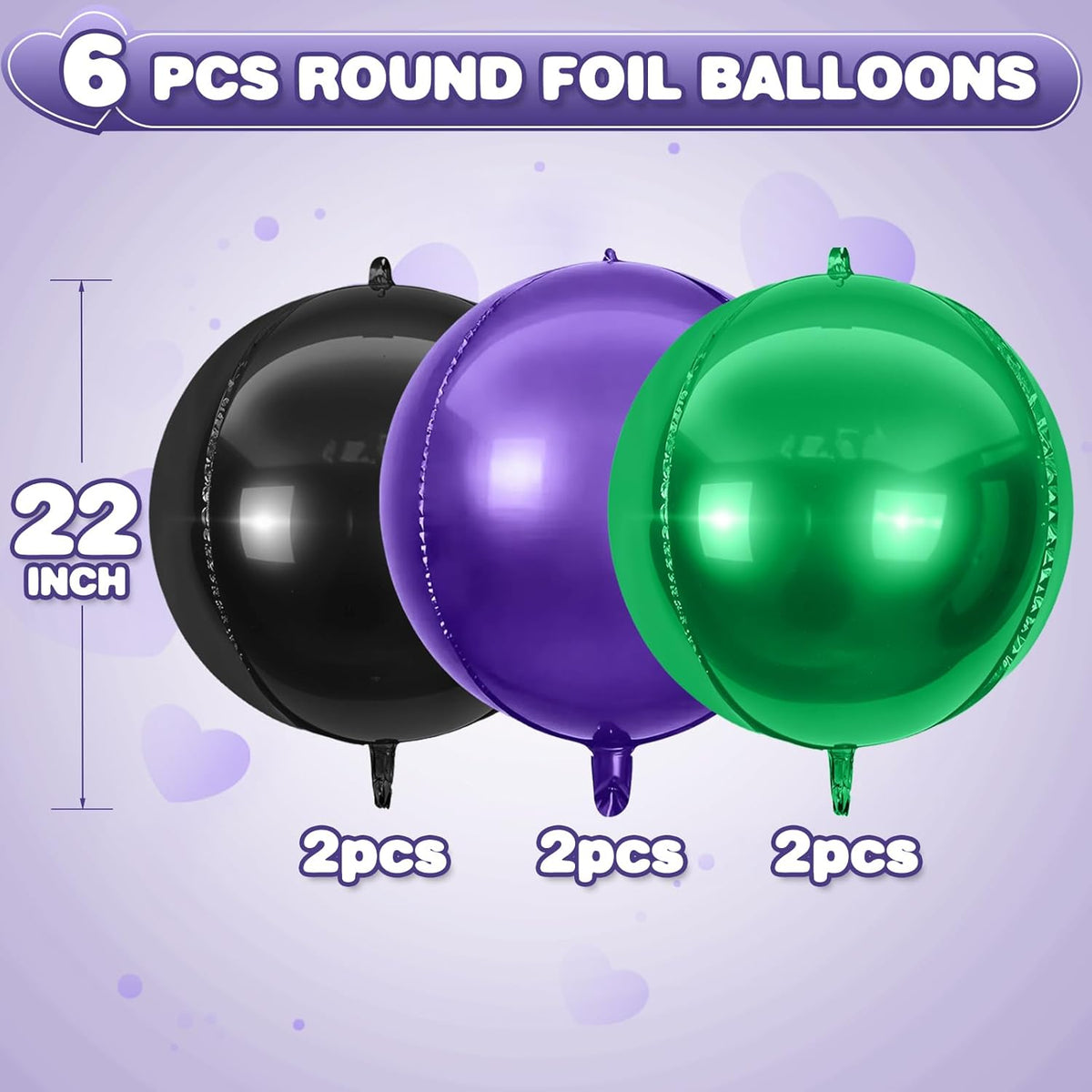 6Pcs Black Green Purple Round Foil Balloons,Giant 4D Round Ball Balloon,22 Inch Balloons for