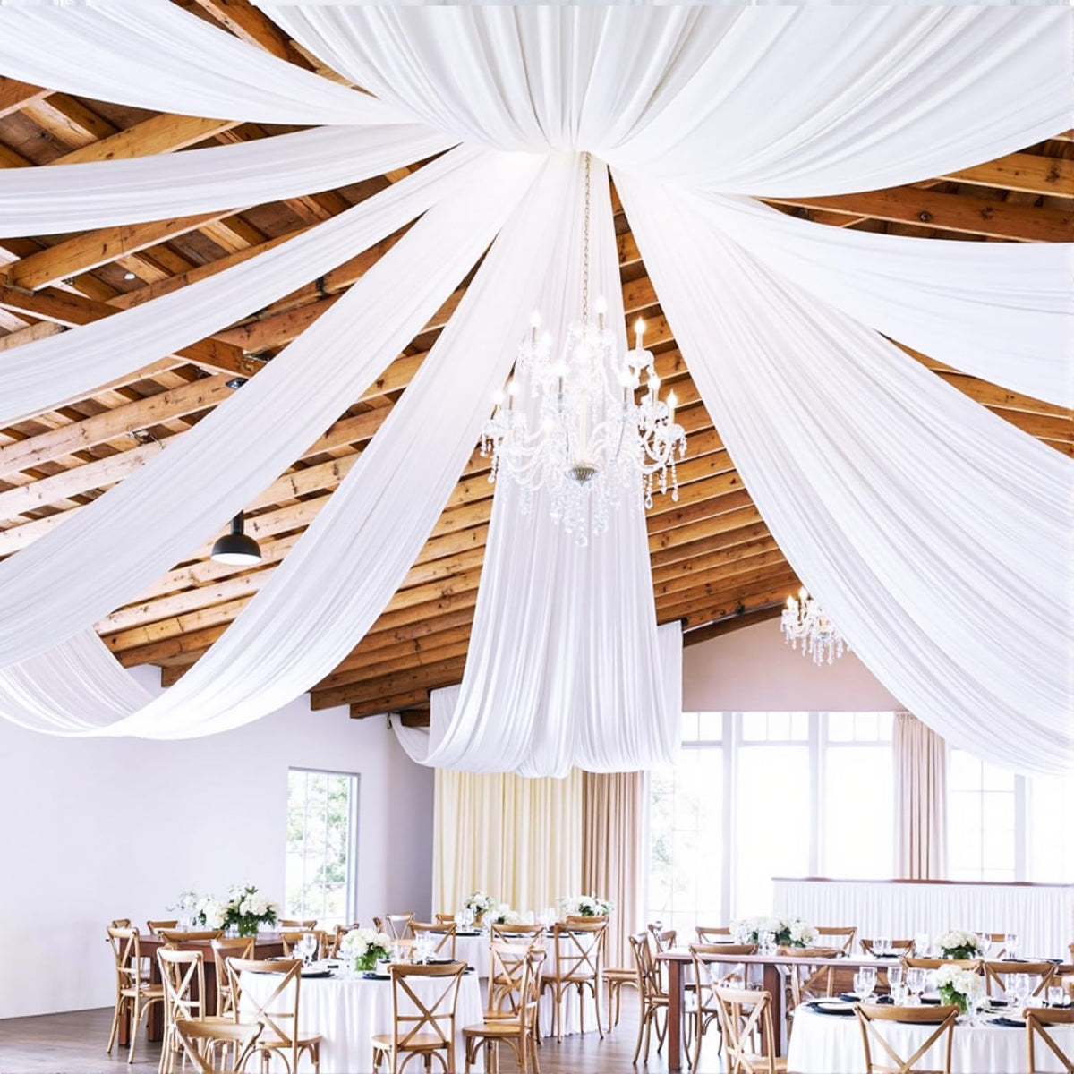 PartyVillage 6 Panels 5ftx30ft White Ceiling Drapes for Wedding Parties – 30 FT Extra Long Thick