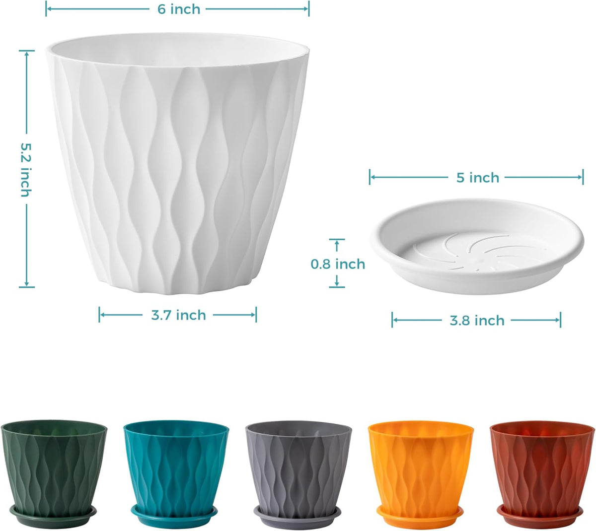 FaithLand 6-Pack 6-Inch Plastic Plant Pots with Saucers | Thickened PP Material, Modern Wave