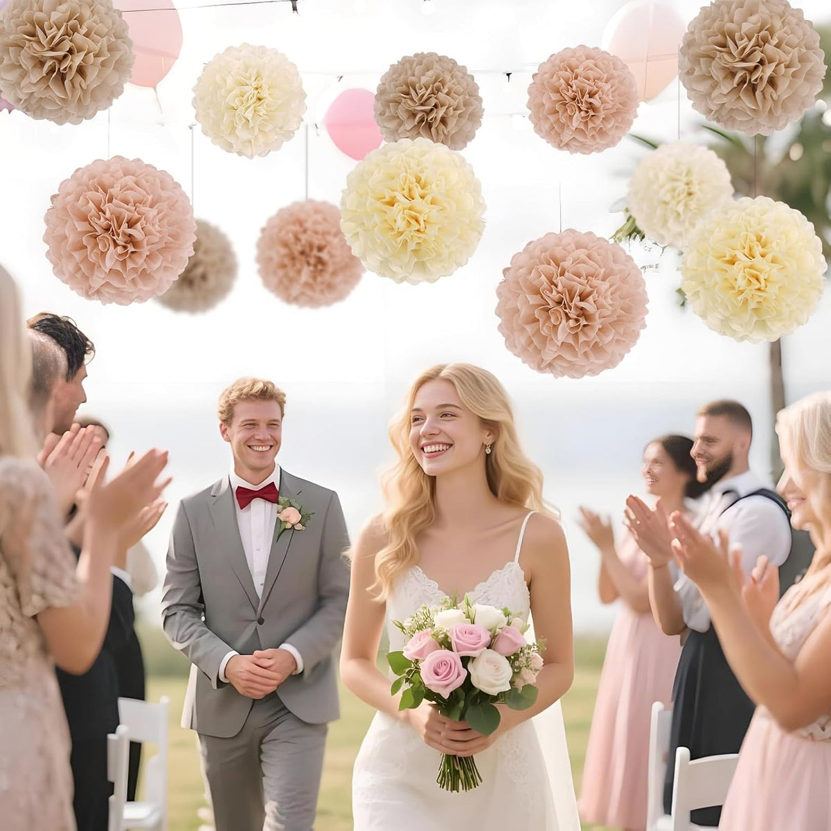 EASY JOY Boho Tissue Pom Poms Paper Flowers Hanging Decorations Brown Beige Party Decor for Bridal