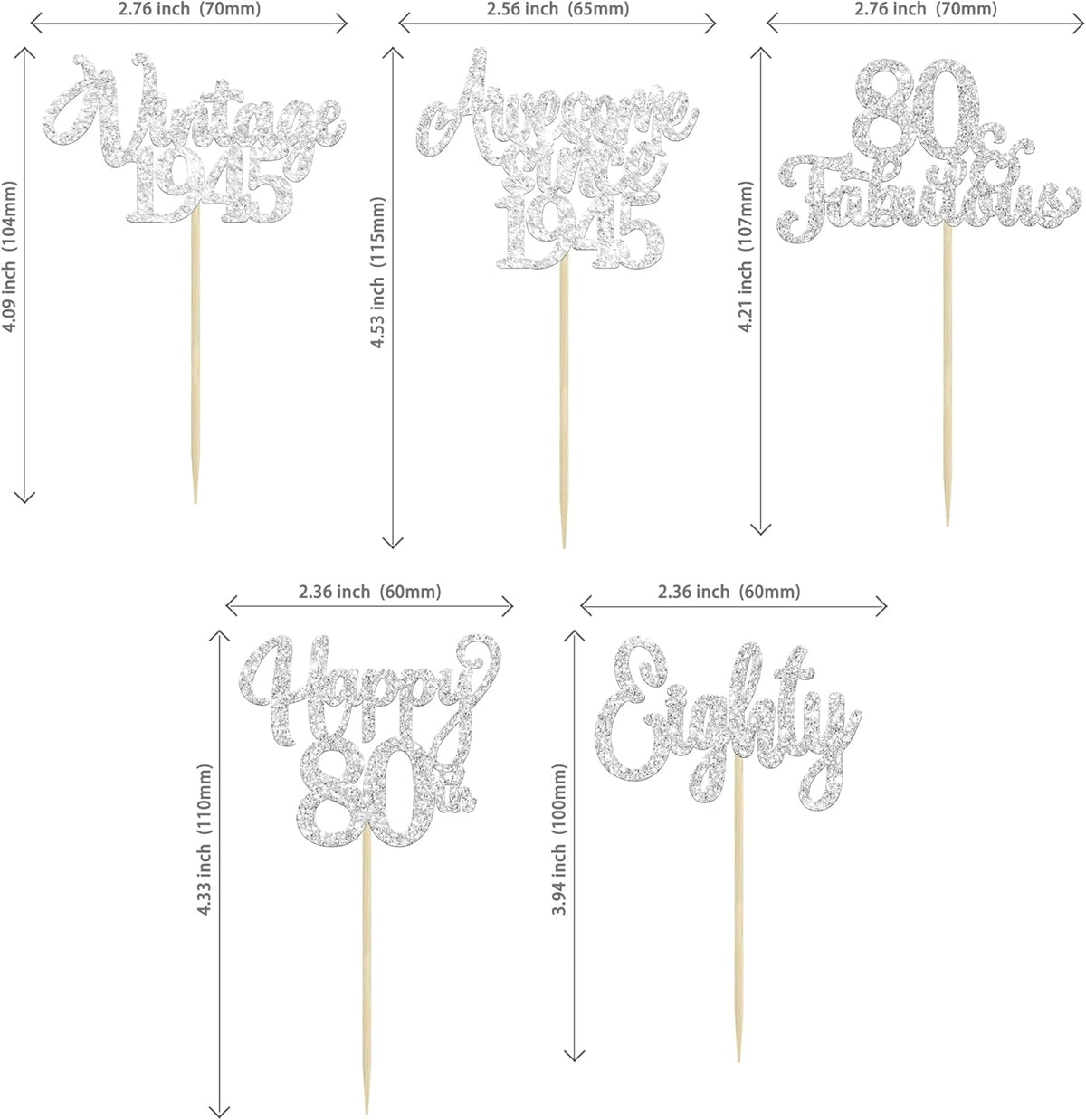 30Pcs Happy 80th Birthday Cupcake Toppers Glitter Awesome Since 1945 Eighty 80 Fabulous Vintage
