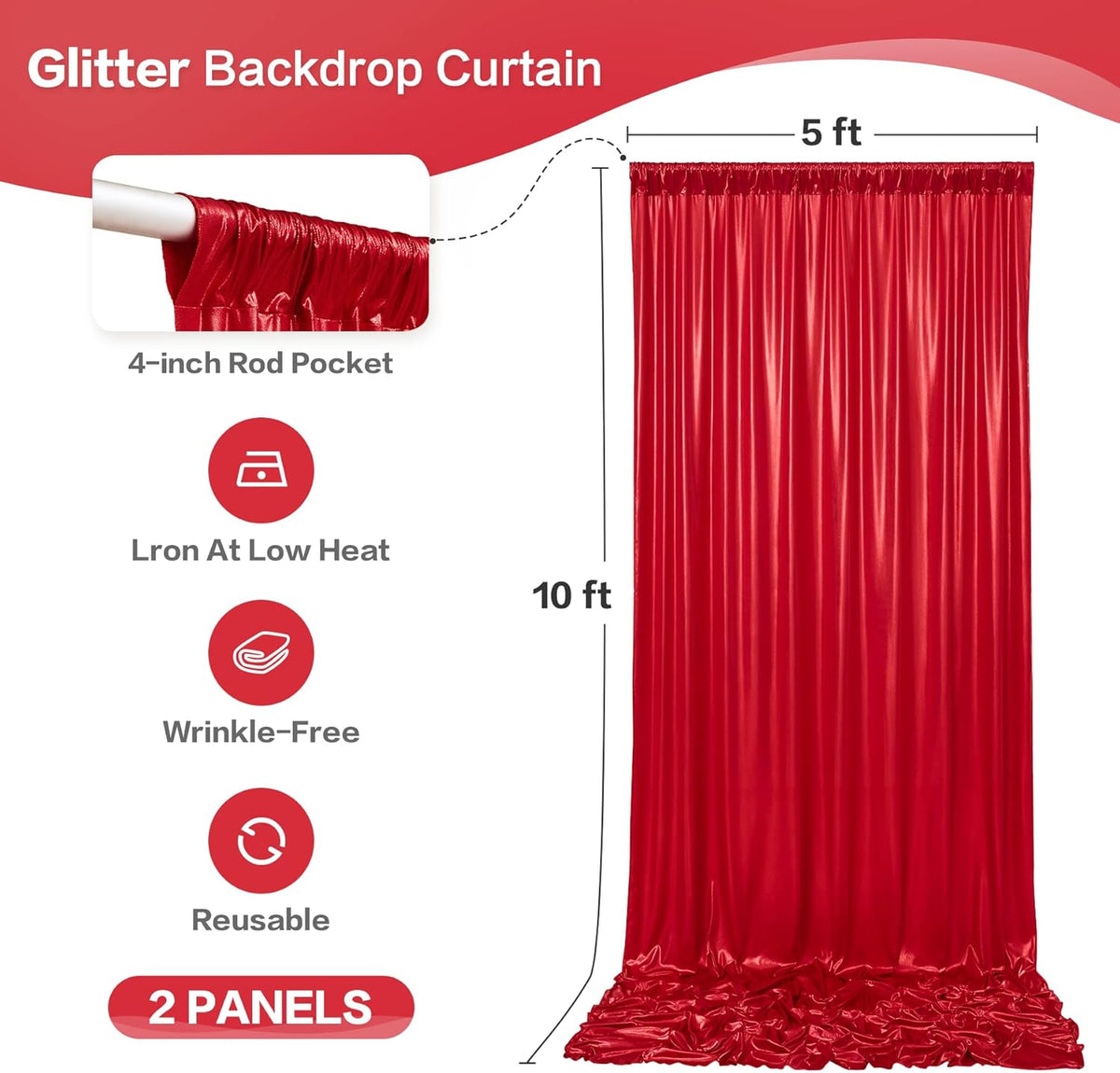gogoparti 10x10FT Red Sequin Backdrop Curtain - 2 Panels of 5x10FT Wrinkle-Free Glitter Drapes for