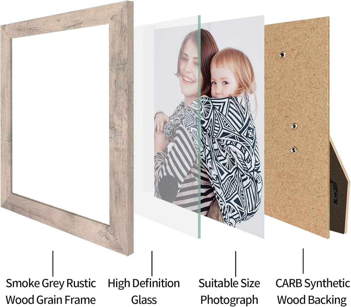 8x10 Picture Frame Set of 4, Smoke Gray Frame with High Definition Real Glass, 8 x 10 Wood Photo