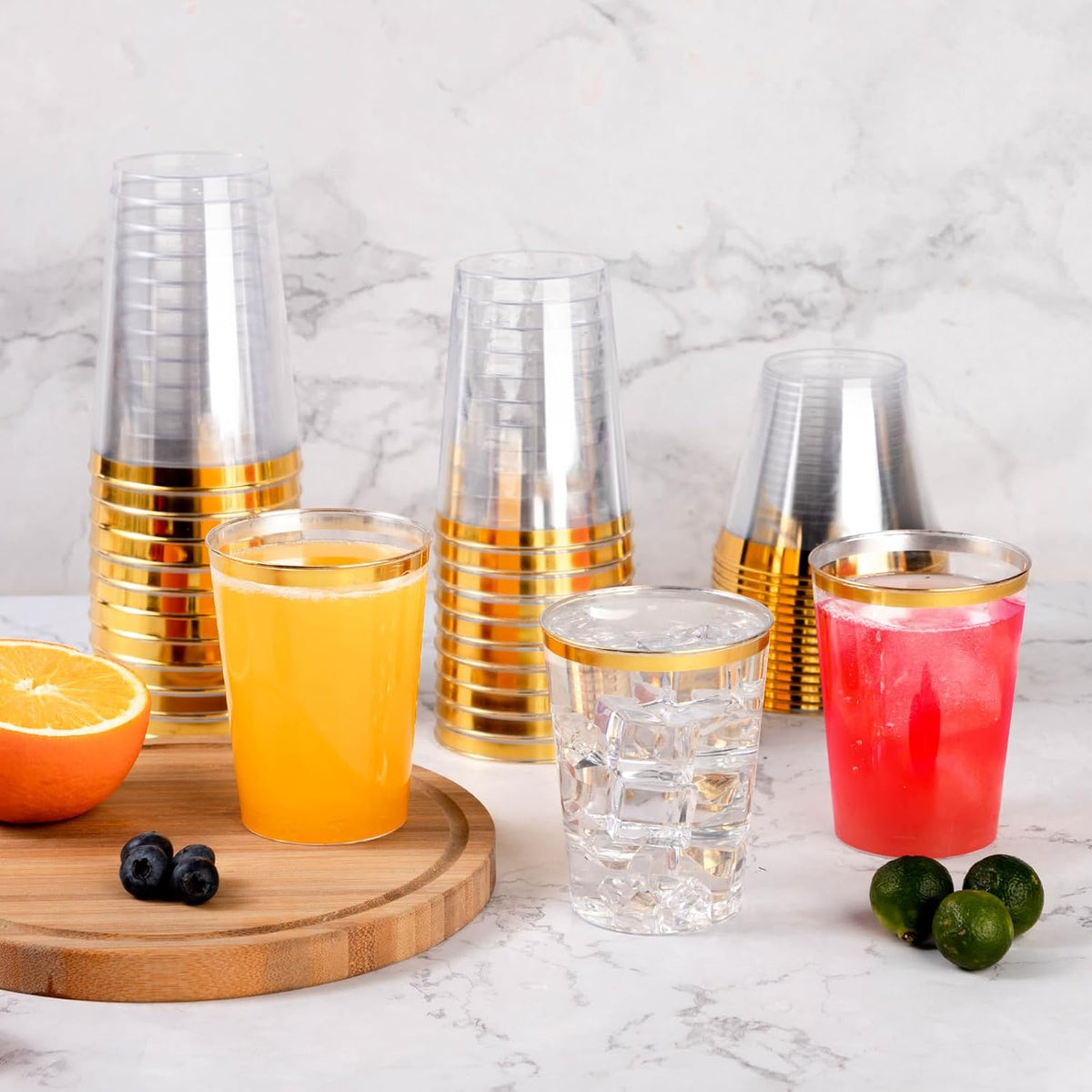 Goodluck 50PCS 10oz Gold Plastic Cups for Party, Disposable Gold Rim Cups, Plastic Cocktail Glasses