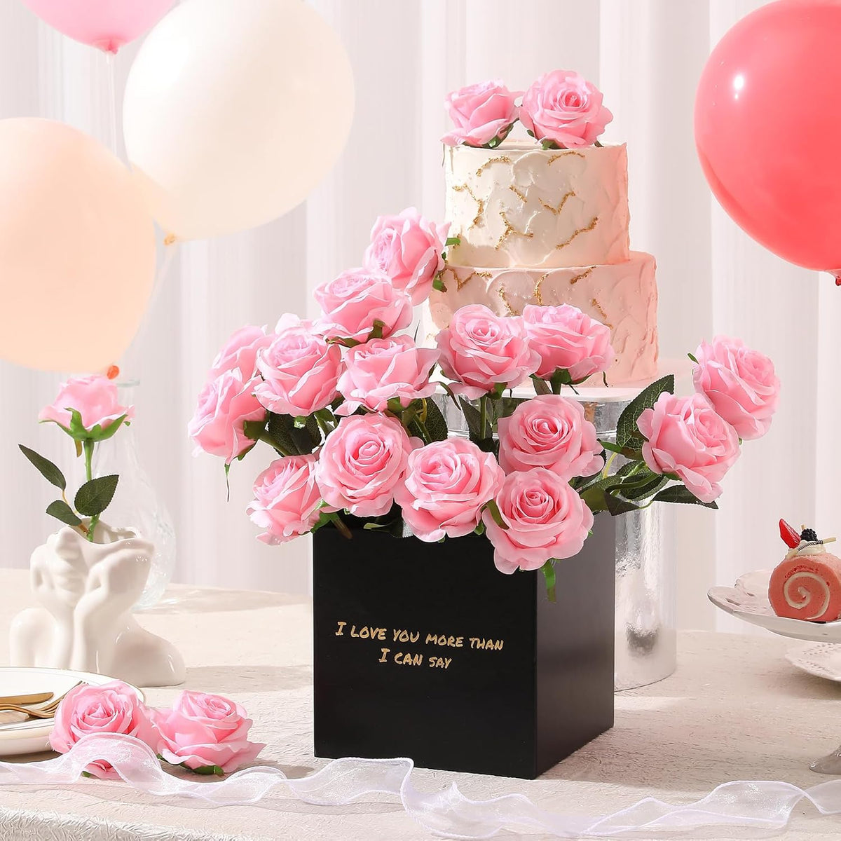 Tifuly Pink Roses Artificial Flowers - 12 pcs Realistic Single Long Stem Fake Silk Roses Bouquet
