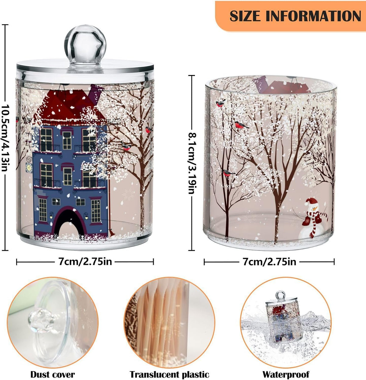 Christmas Winter Qtip Holder Dispenser 4 Pack Snowmen Snow Courtyard with Trees Apothecary Jars
