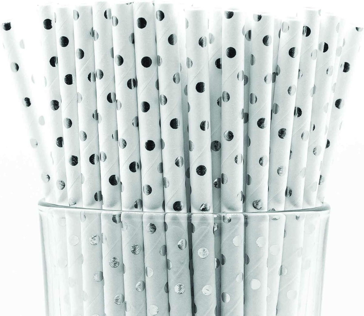 Pack of 150 Silver Polka Dot Foil Biodegradable 4-Ply Paper Drinking Straws (Compostable