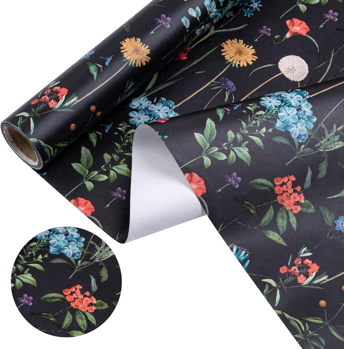 WRAPAHOLIC Kraft Wildflower Wrapping Paper - Mini Roll - 17 Inch x 16.5 Feet - Black Floral