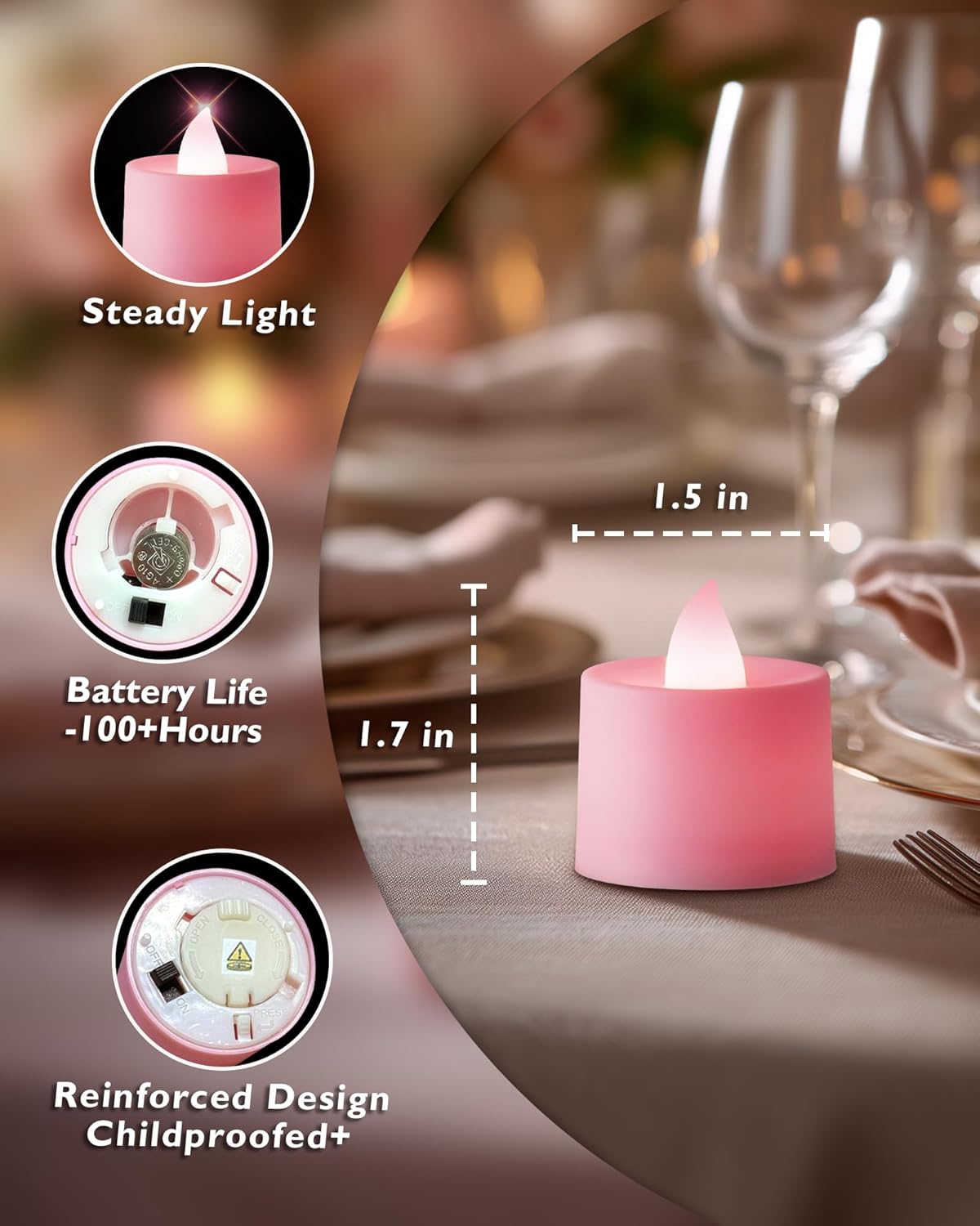 Amagic 24 Pack Pink LED Tea Lights, Flameless Votive Candles, Electric Fake Colored Candles