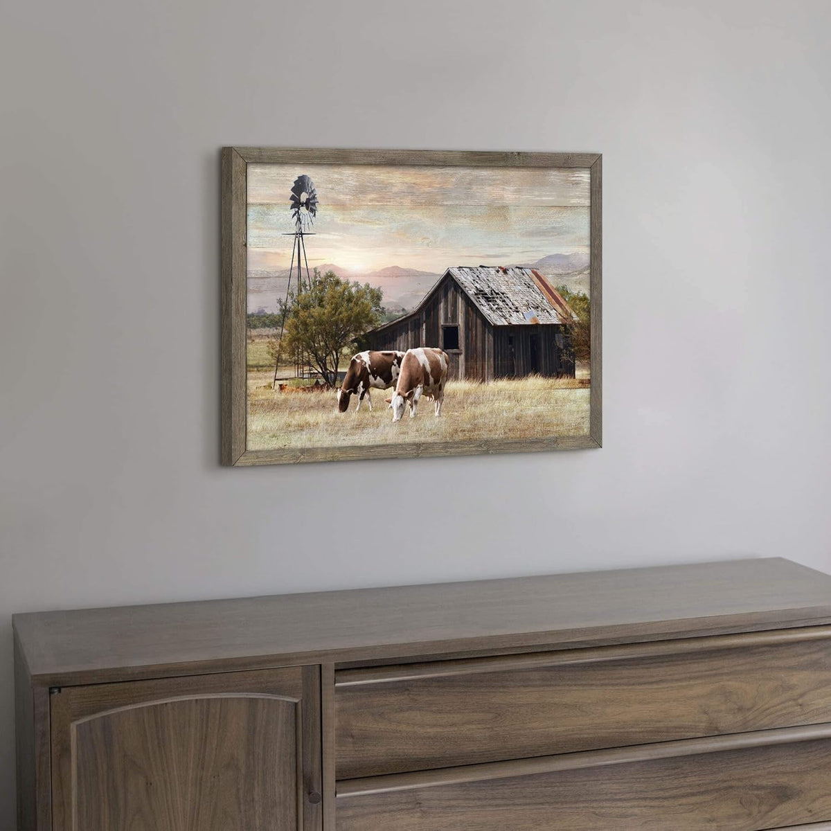 Nature Scene Wooden Framed Art：Horses&Vintage House under the Mountain Painting Print with Framed