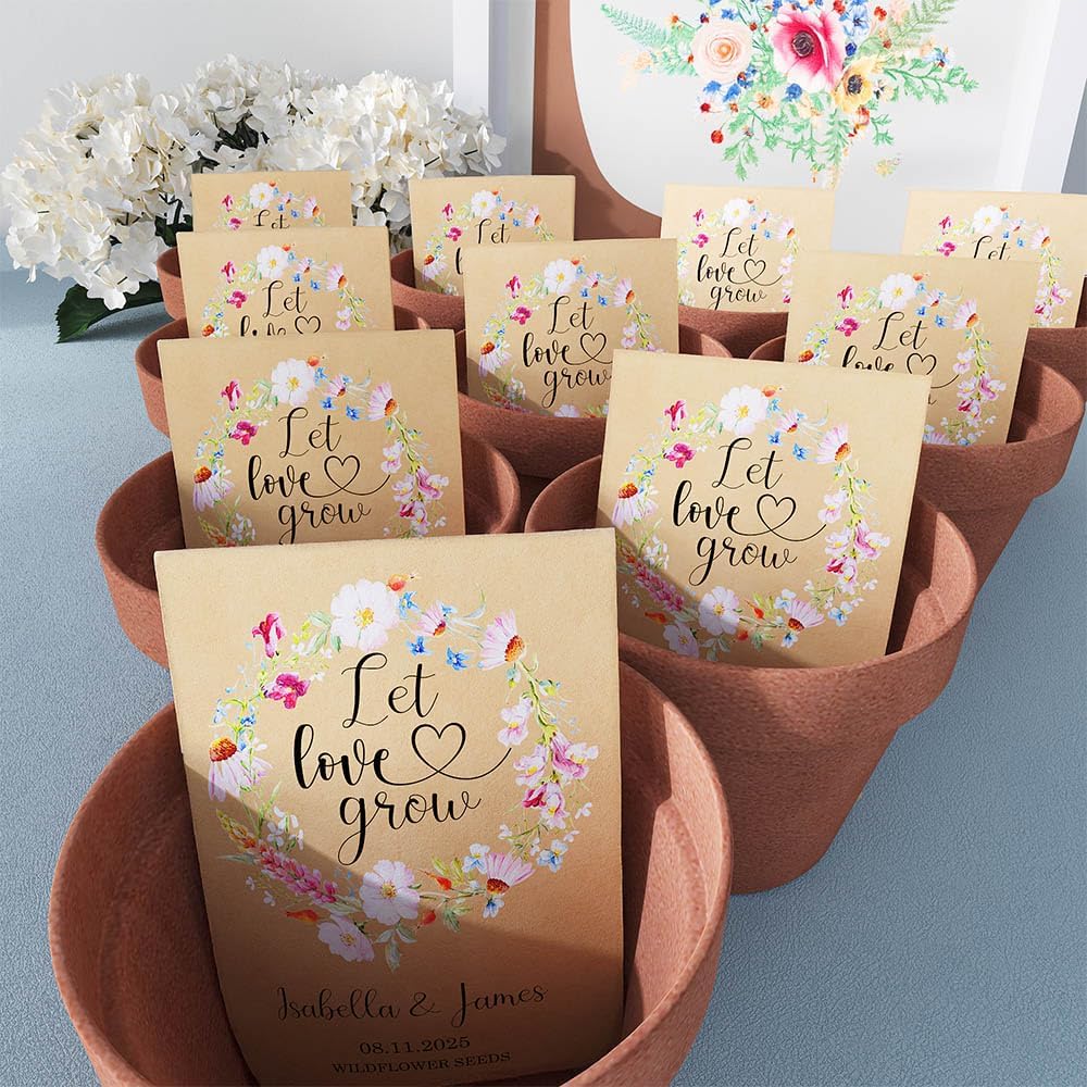 callie Personalized Wedding Seed Packet Favors, Custom Wildflower Seeds Storage with Name and Date