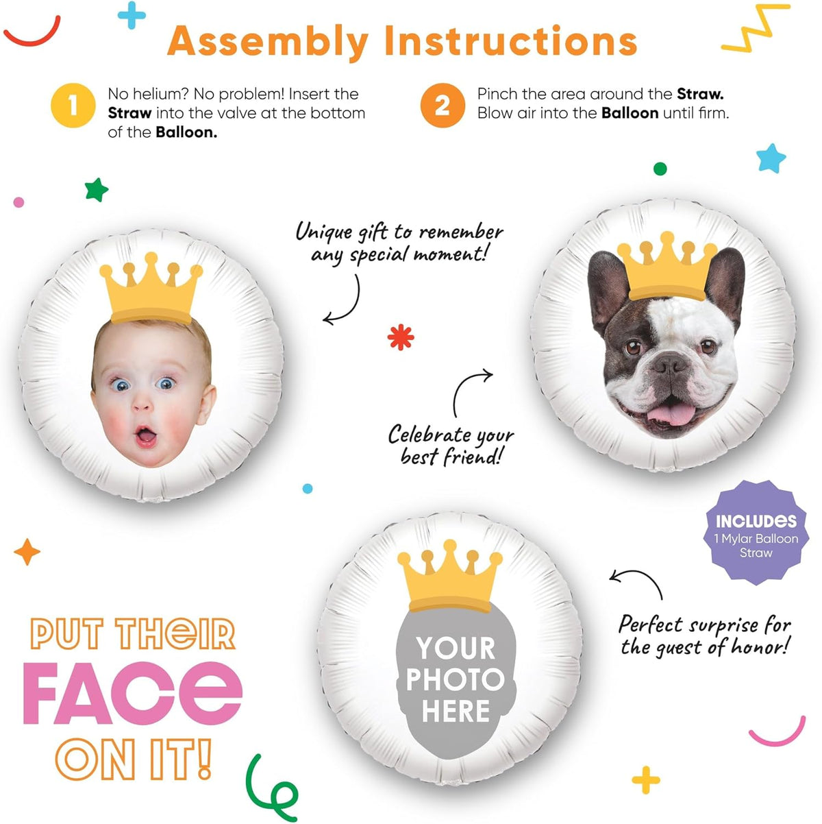 Big Dot of Happiness Personalized Crown Fun Face Photo Balloon, Kids Royal or Princess Birthday