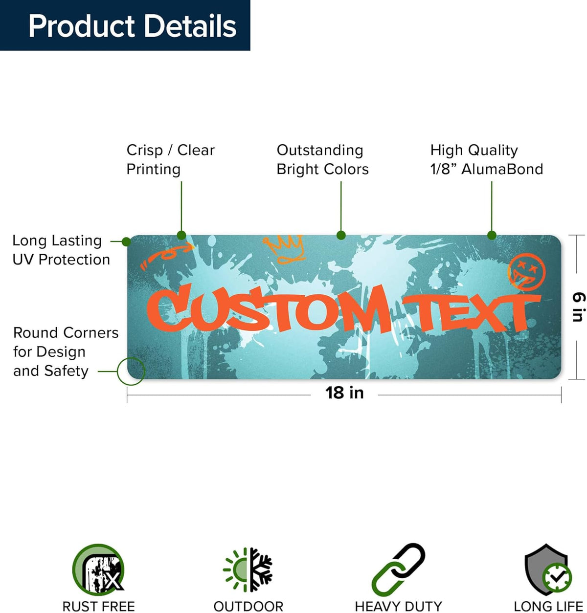 Custom Sign, Custom Street Sign, 11 Font Colors, 13 Font Styles, 4 Hole Options, 22 Sizes, 6x18