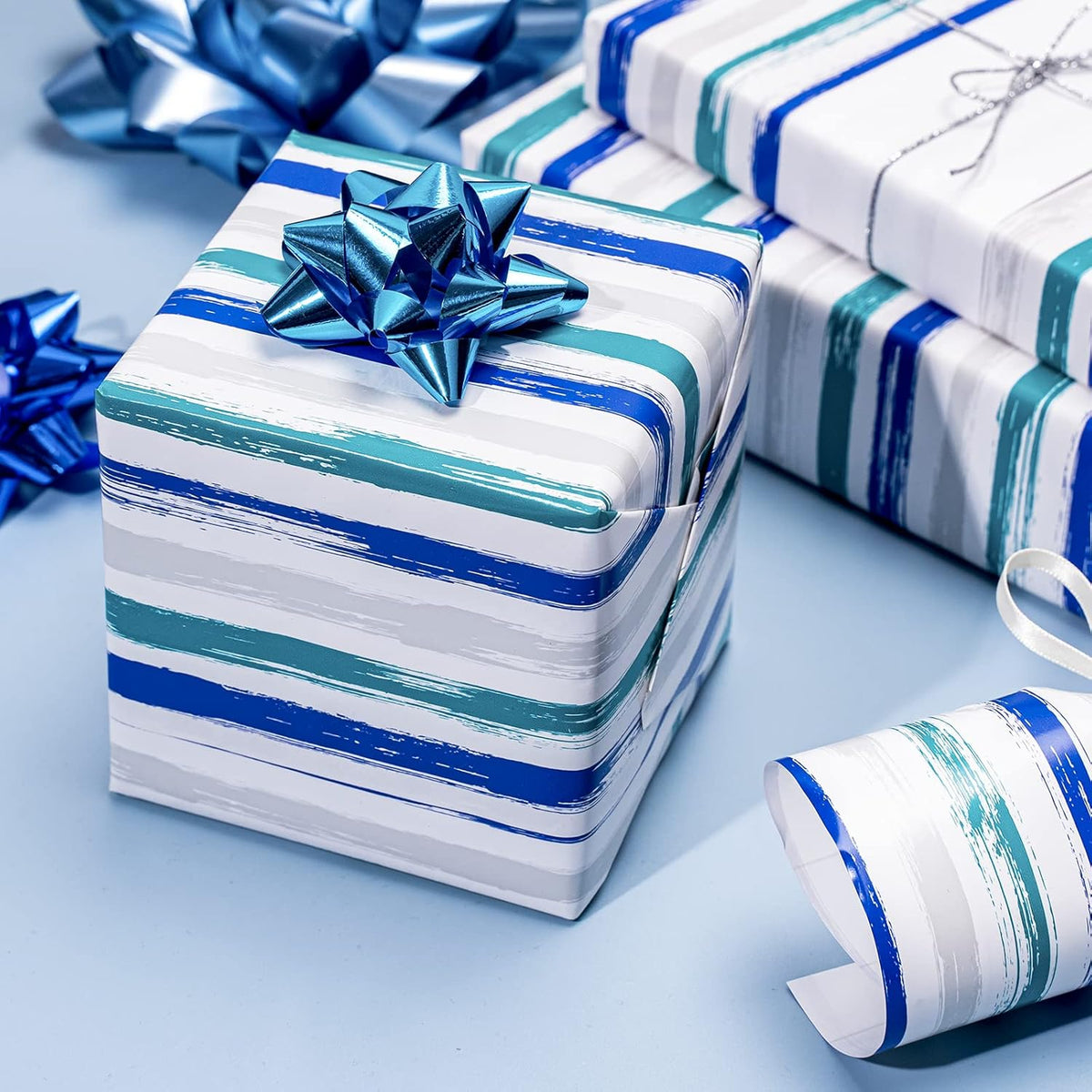 WRAPAHOLIC Reversible Blue Wrapping Paper - Mini Roll - 17 Inch X 33 Feet - Baby Boy Wrapping Paper