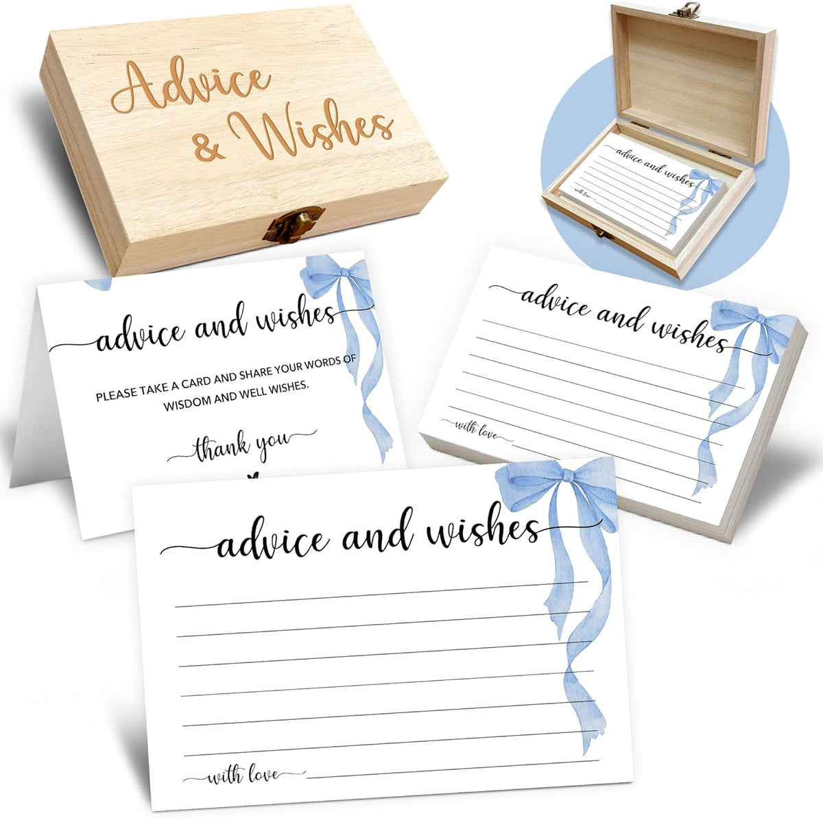 Advice and Wishes Cards Box, 50 Pcs Birthday Wedding Baby Shower Advice Cards, Well Wishes Box for
