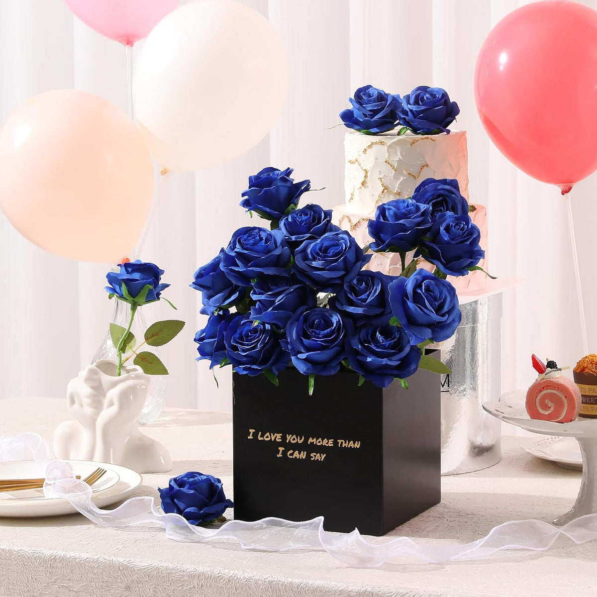 Tifuly Royal Blue Roses Artificial Flowers -12 pcs Realistic Single Long Stem Fake Silk Roses