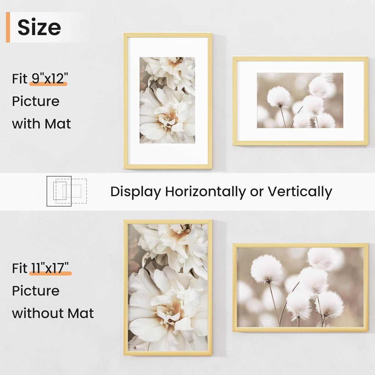 11x17 inch Picture Frame, 11x17 Photo Frames with 8x12 Removable Mat - High Definition Plexiglass