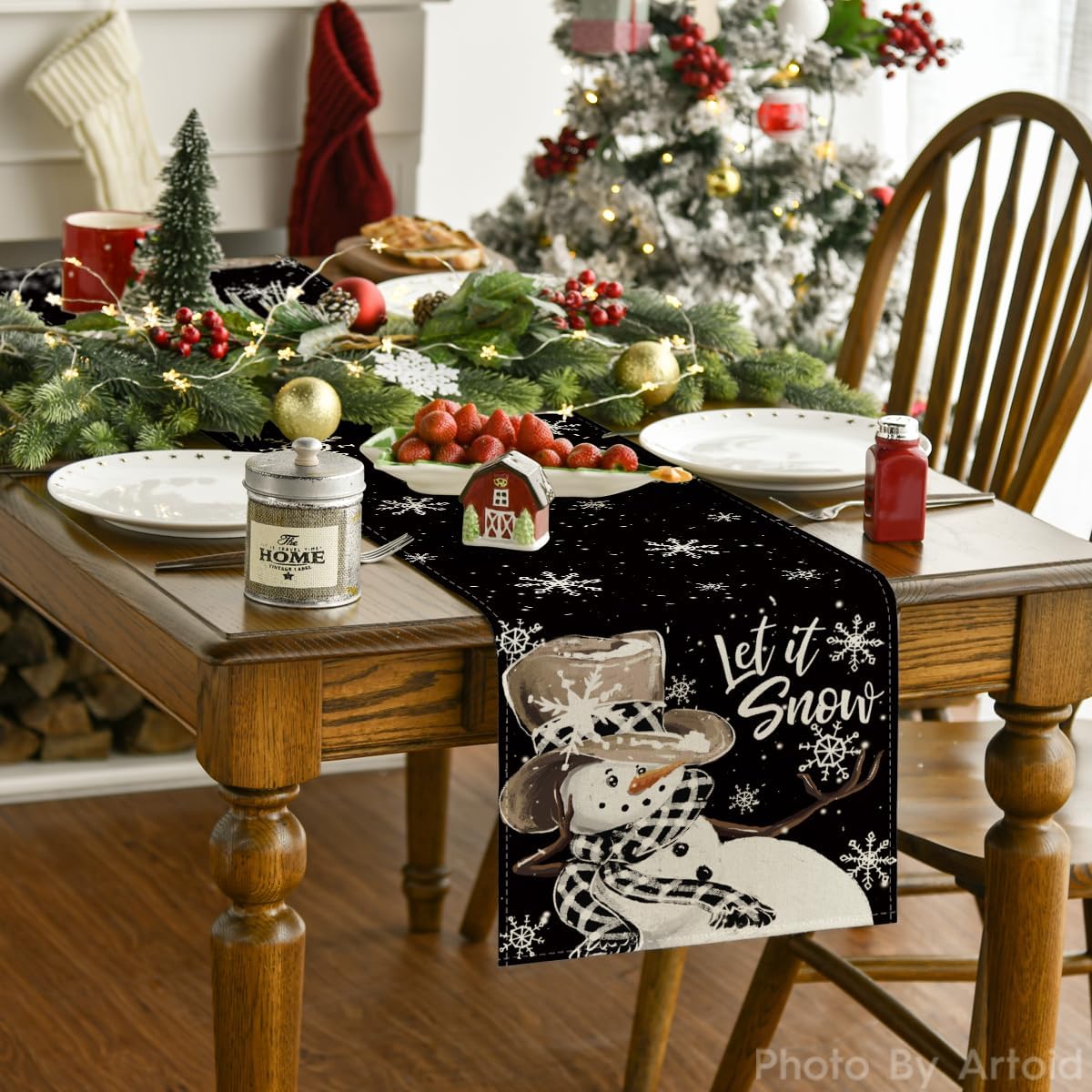 Artoid Mode Black Snowman Snowflake Let it Snow Winter Table Runner, Christmas Kitchen Dining Table