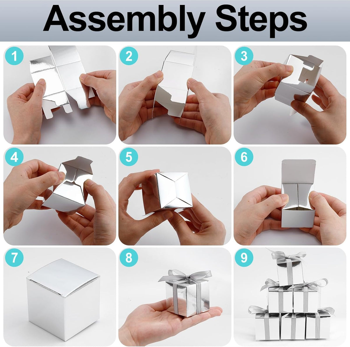 COCPOK 50 Pack Silver Gift Boxes, 2x2x2 inch Gift Box, Small Candy Boxes with Lids and Ribbons