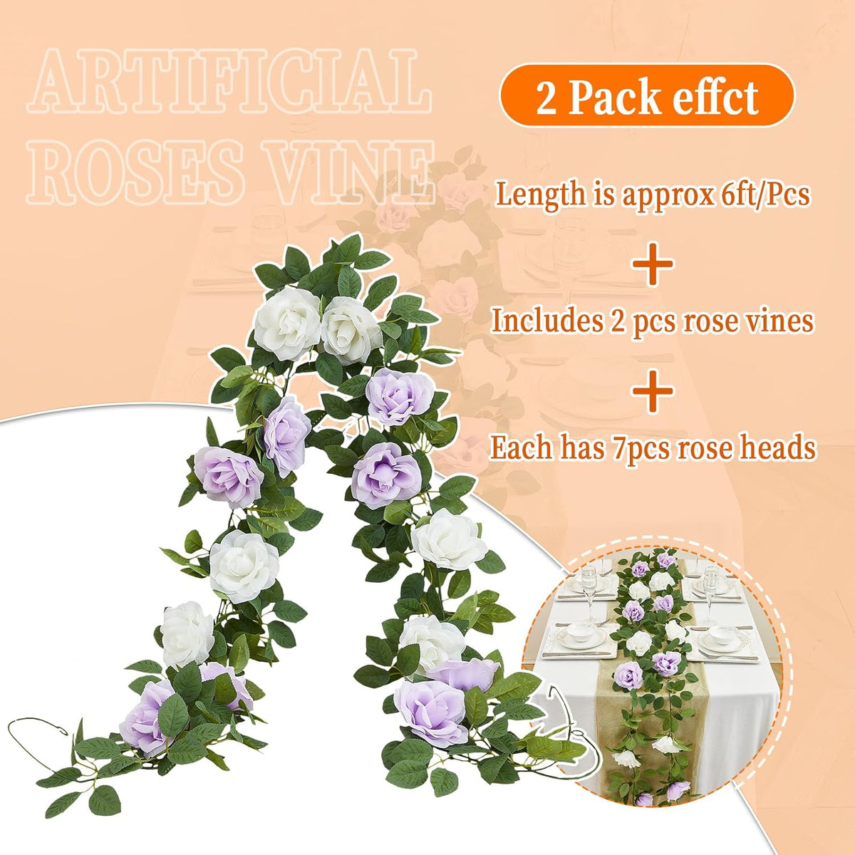 Lavender Artificial Rose Garlands Rose Vines Leaves Banners Hanging Floral Garland Fake Rose Flower