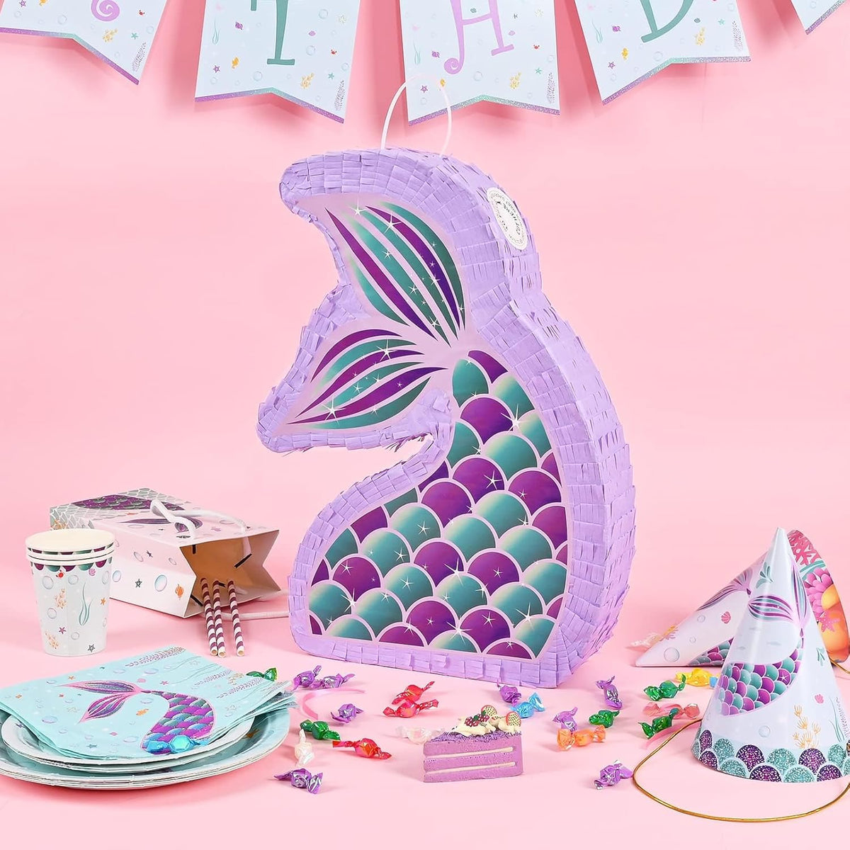 WERNNSAI Mermaid Piñata - Mermaid Party Supplies Piñata Bundle with Blindfold and Bat for Girls
