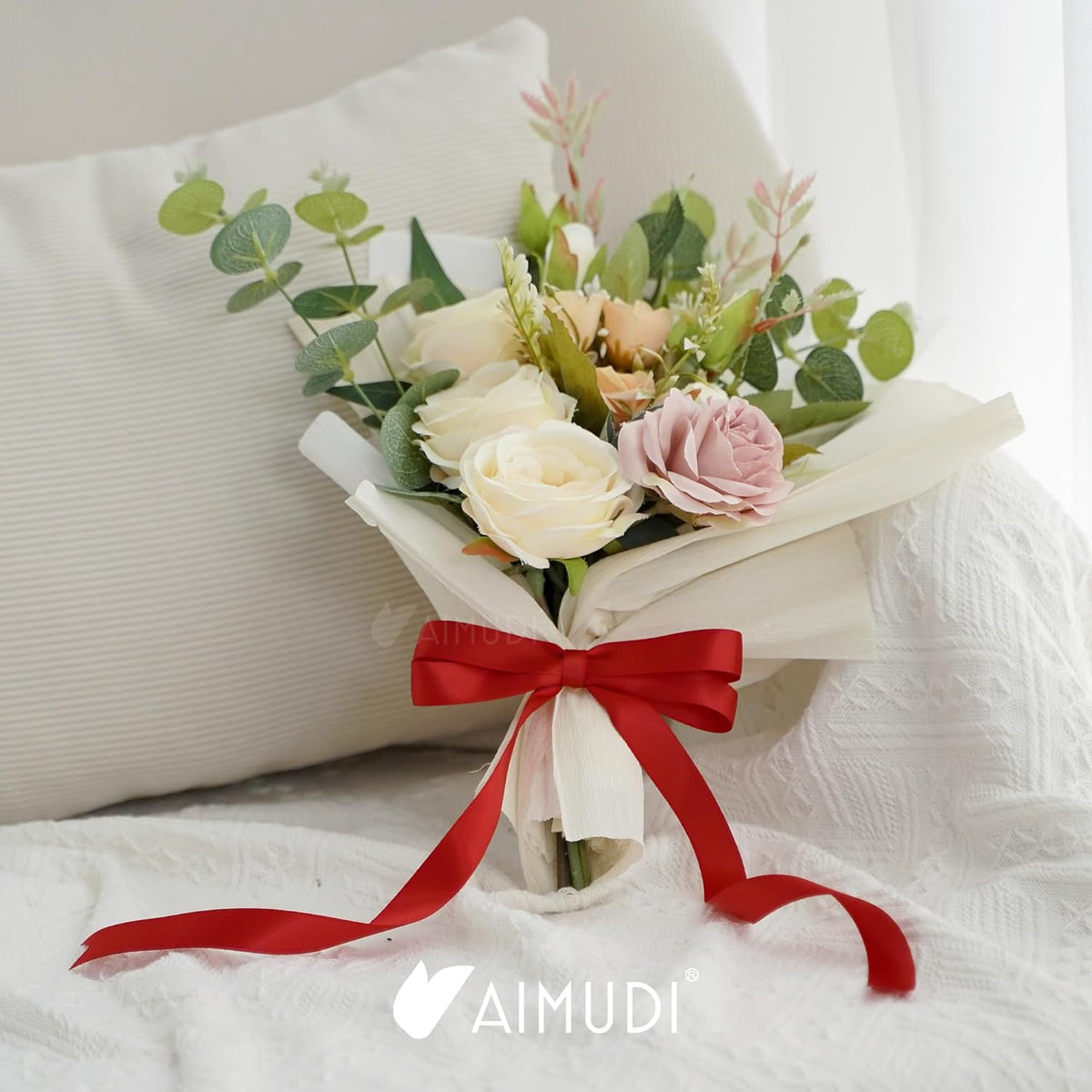 AIMUDI Red Bow 5 × 10" Satin Bow for Gift Wrapping Twist Tie Bows Premade Ribbon Bows for Bouquets